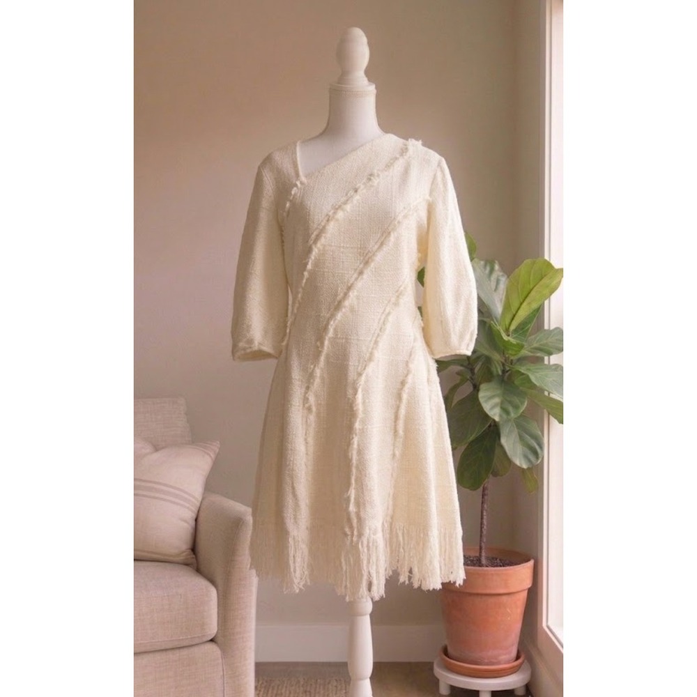 Jonathan Simkhai Dress 6 Cream Tweed Asymmetric Fringe Puff Sleeve Old Money Lux